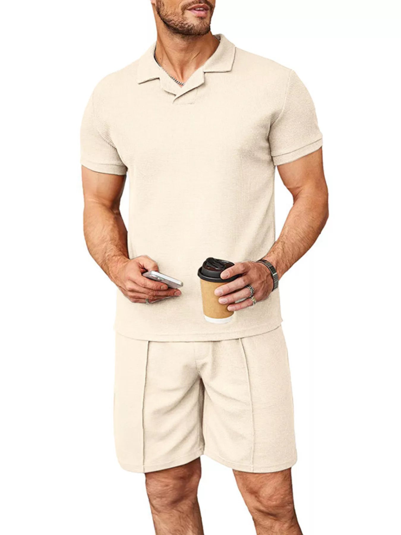 Men's Full Size Casual Short Sleeve Polo and Shorts Set Plus Size