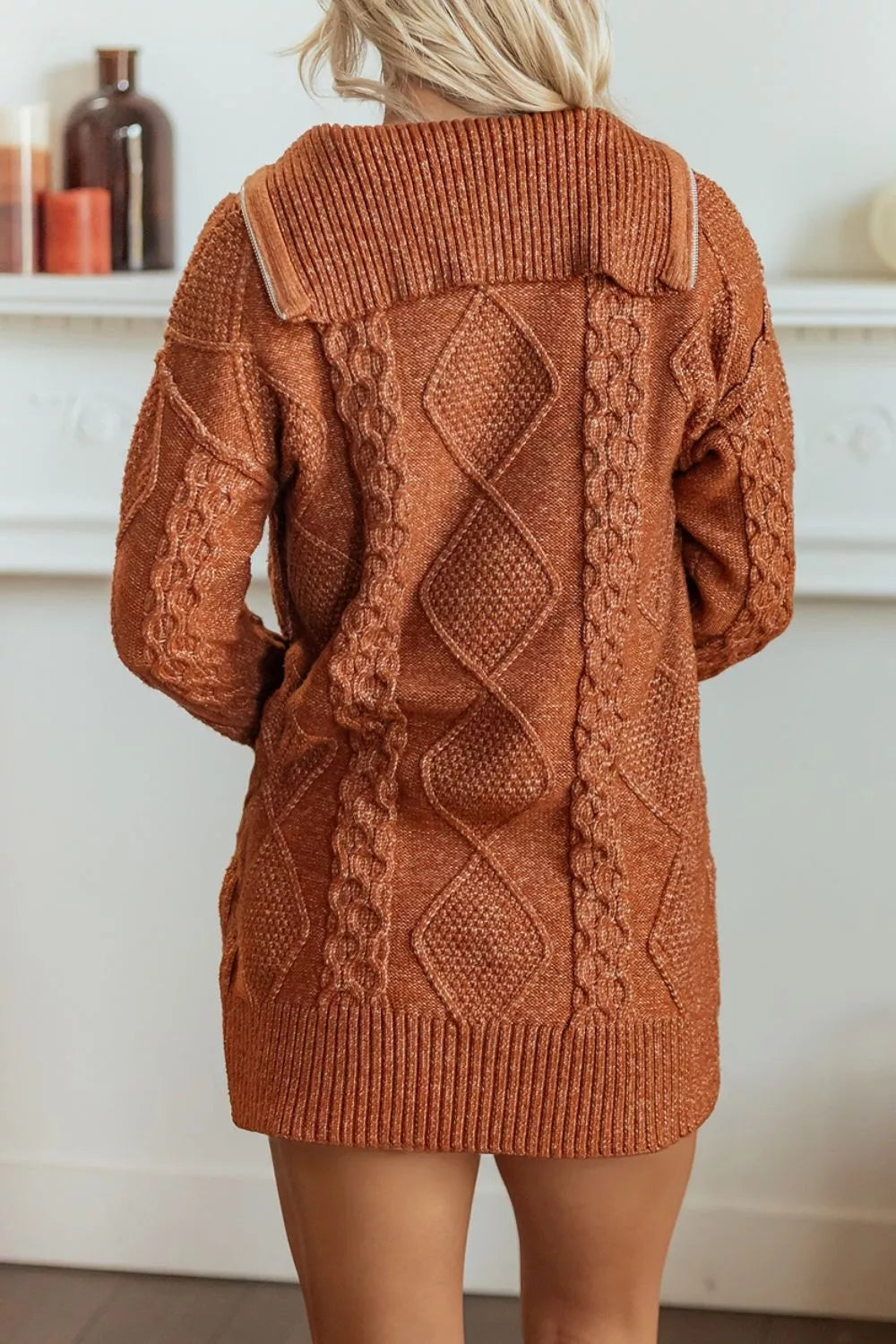 Zip-Up Cable Knit Drop Shoulder Sweater Dress