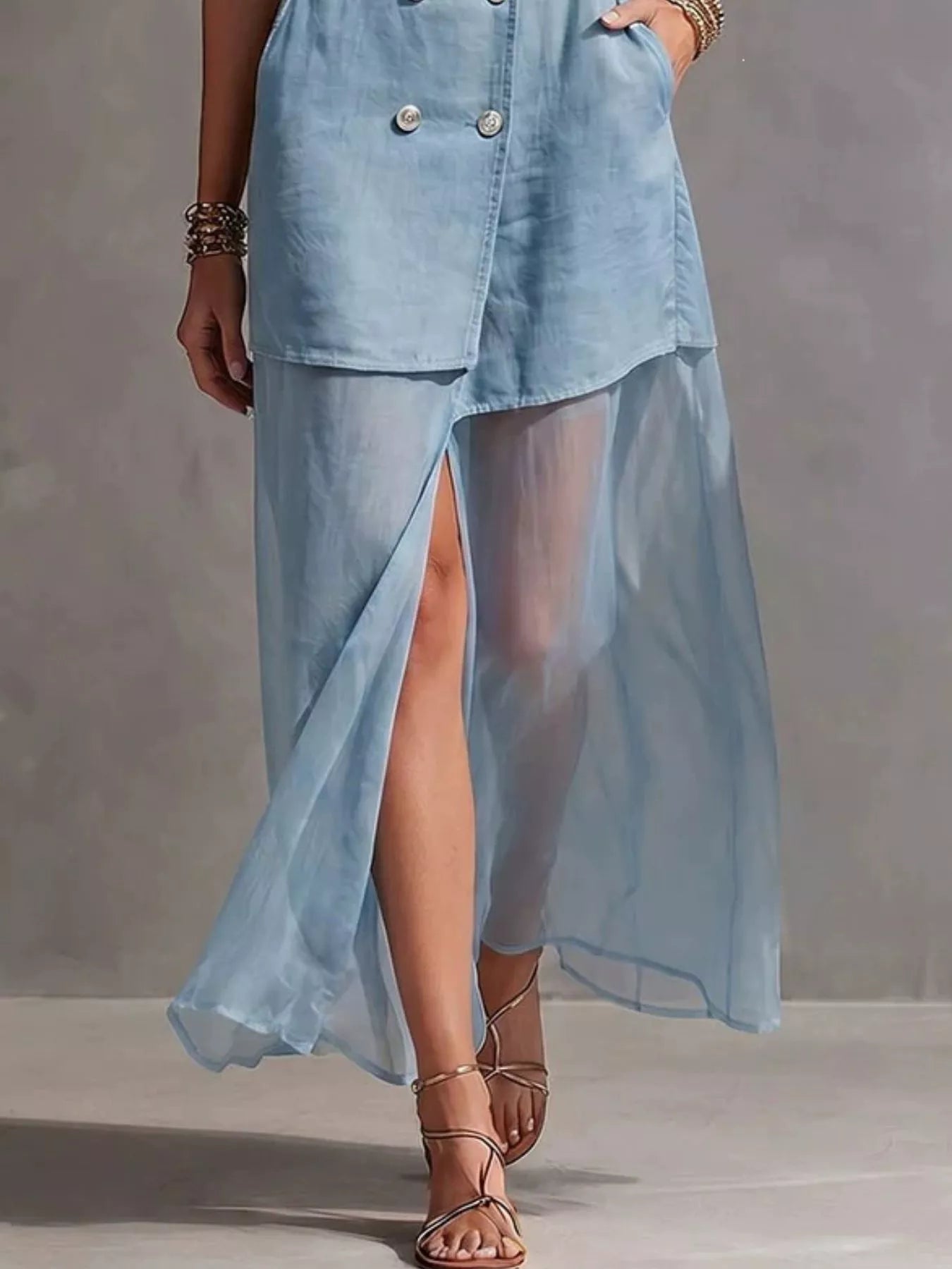 Sleeveless Double-Breasted Denim Maxi Dress