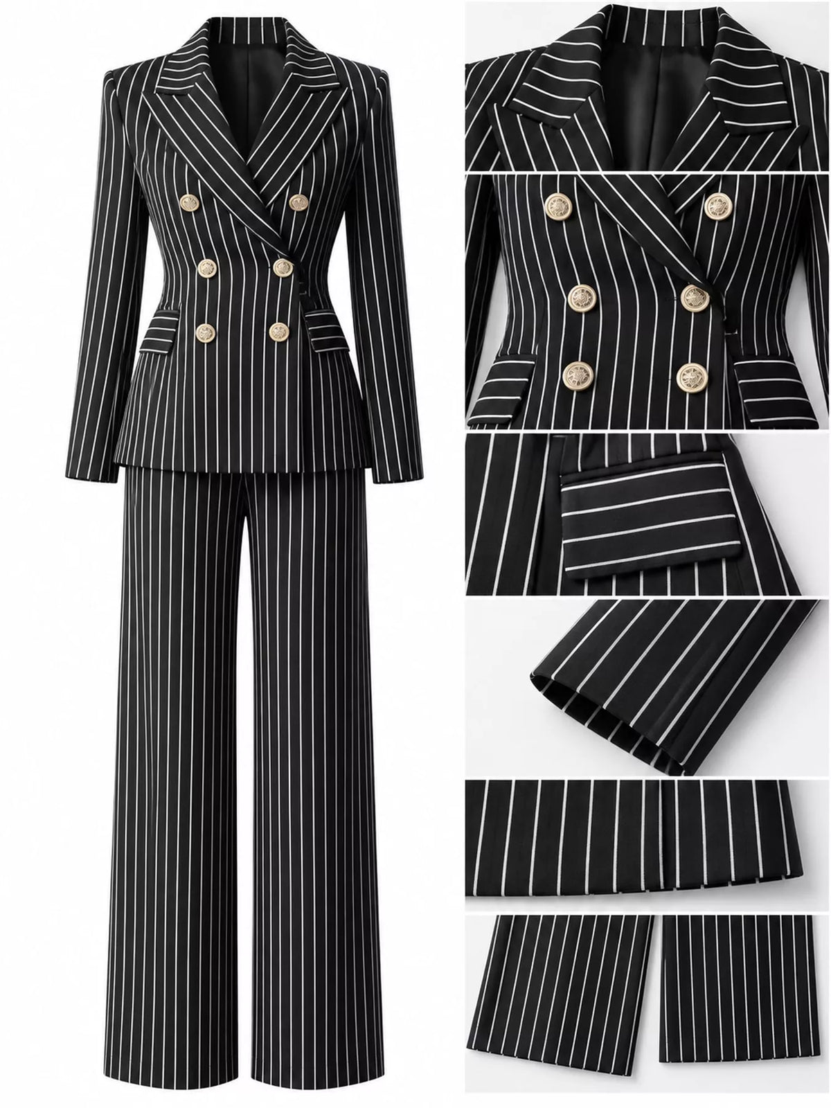 Double-Breasted Pinstripe Blazer and Wide-Leg Pants Set