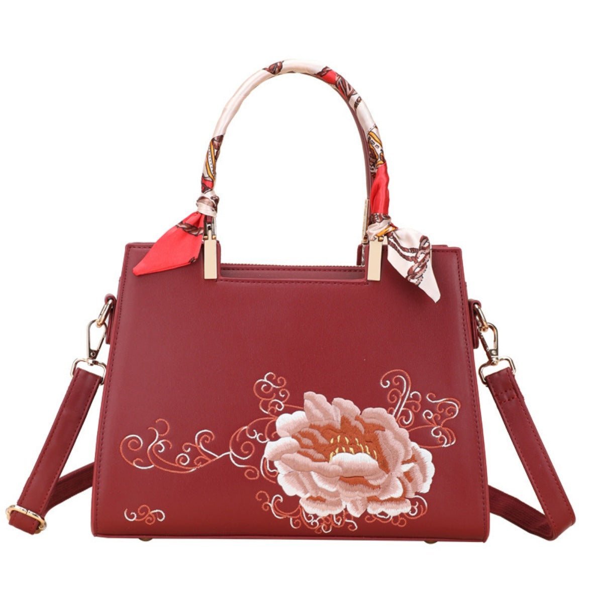 Embroidered Floral Leather Top Handle Handbag