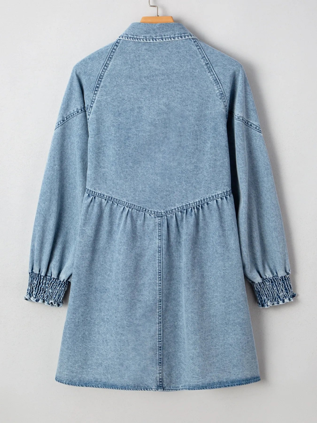 Button-Up Denim Shirt Dress with Smocked Cuffs