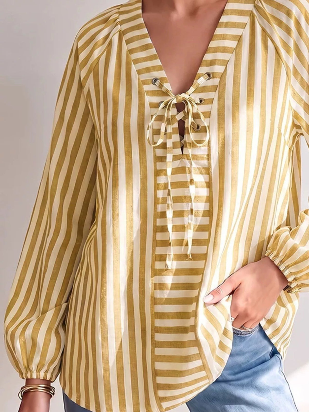 Striped Tie Front Long Sleeve Blouse