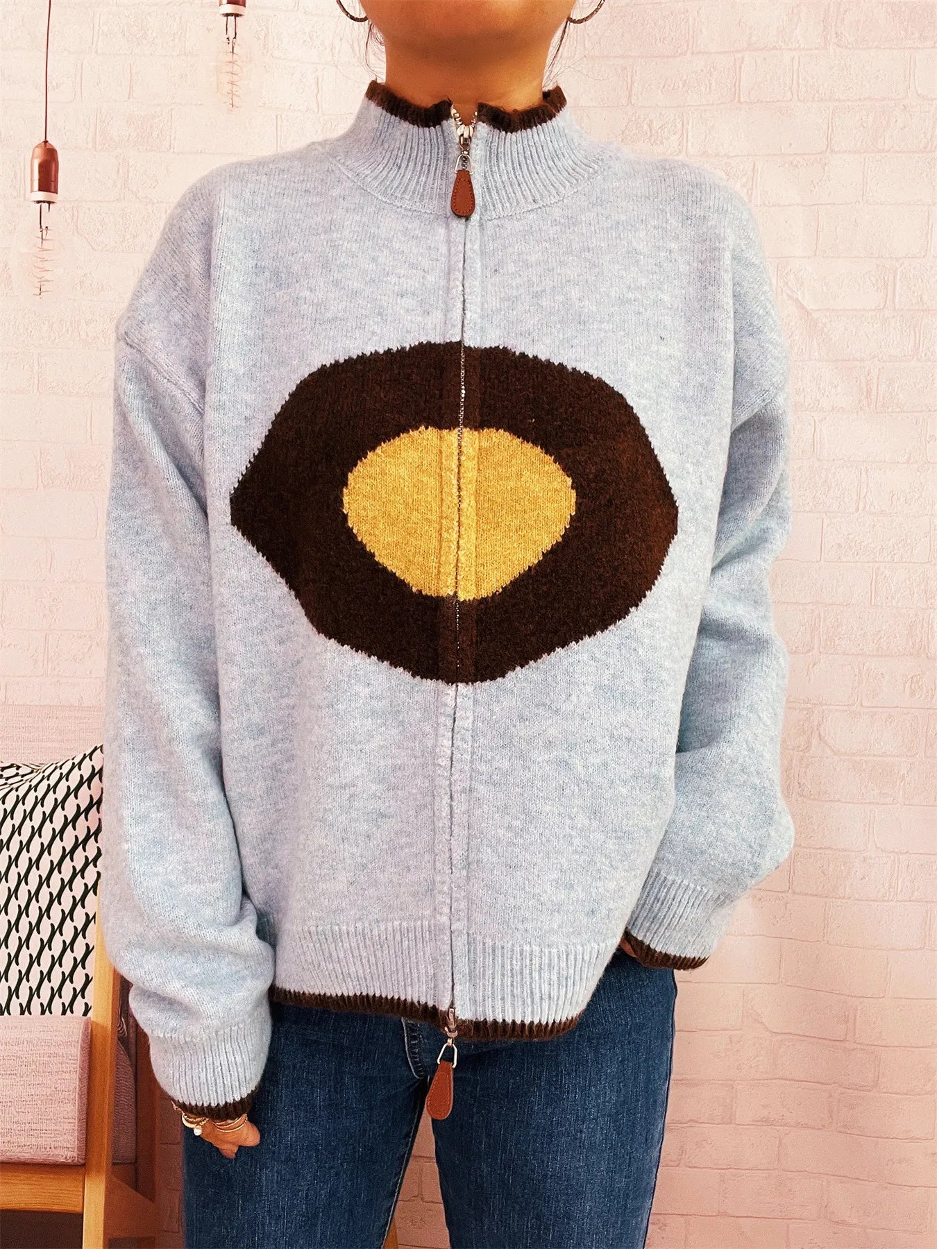 Zip-Up Contrast Trim Cardigan