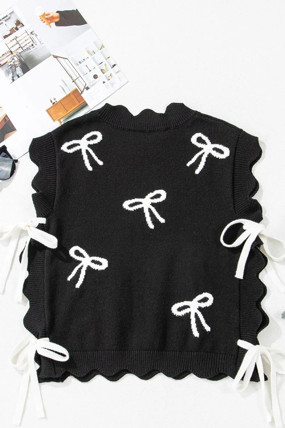 Bow Side Ties Scalloped Hem Cap Sleeve Sweater