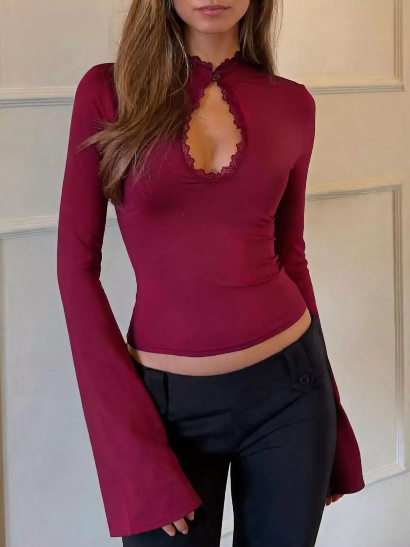 Lace-Trimmed Keyhole Long Sleeve T-Shirt