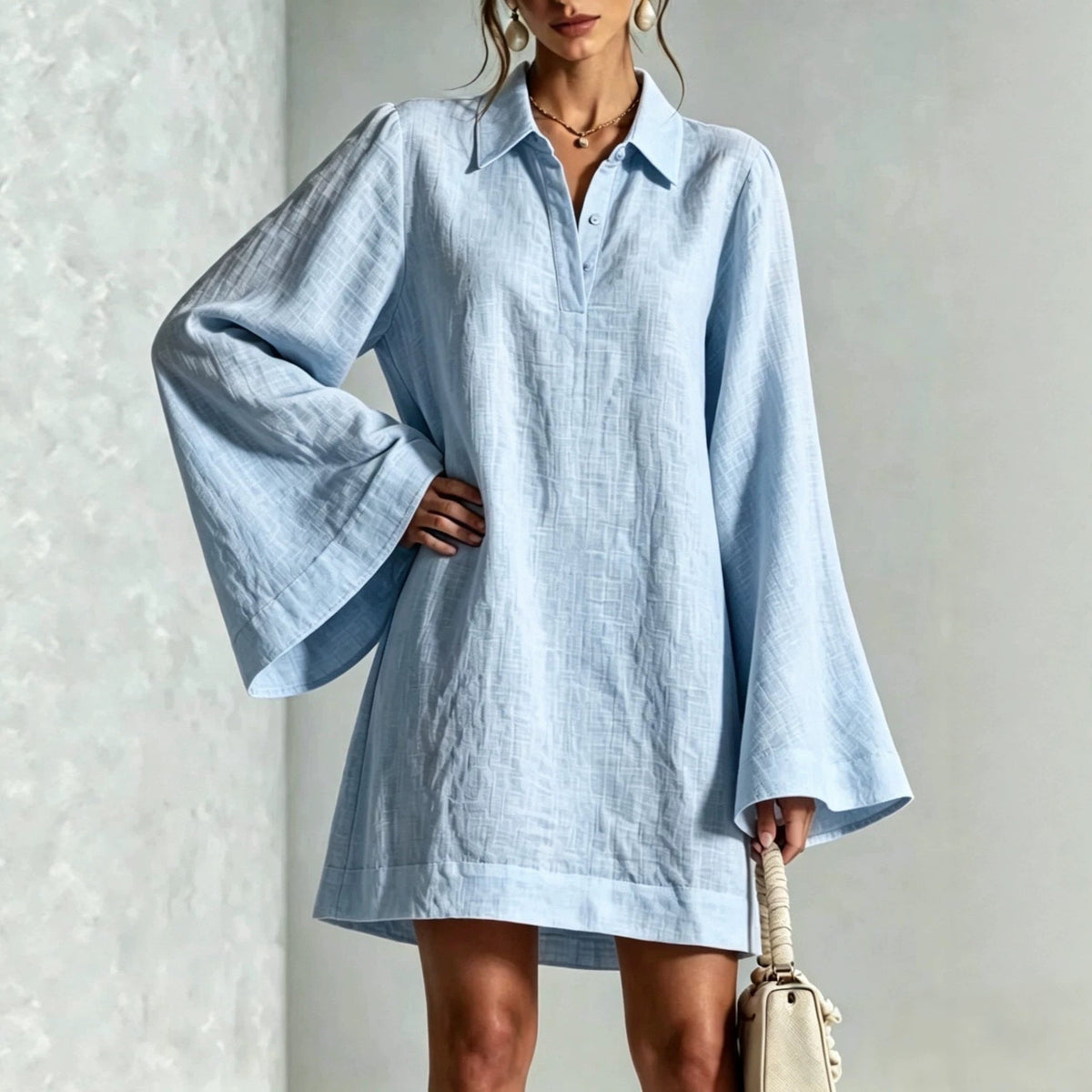 Women's Lapel Collar Flared Sleeve A-Line Midi Dress