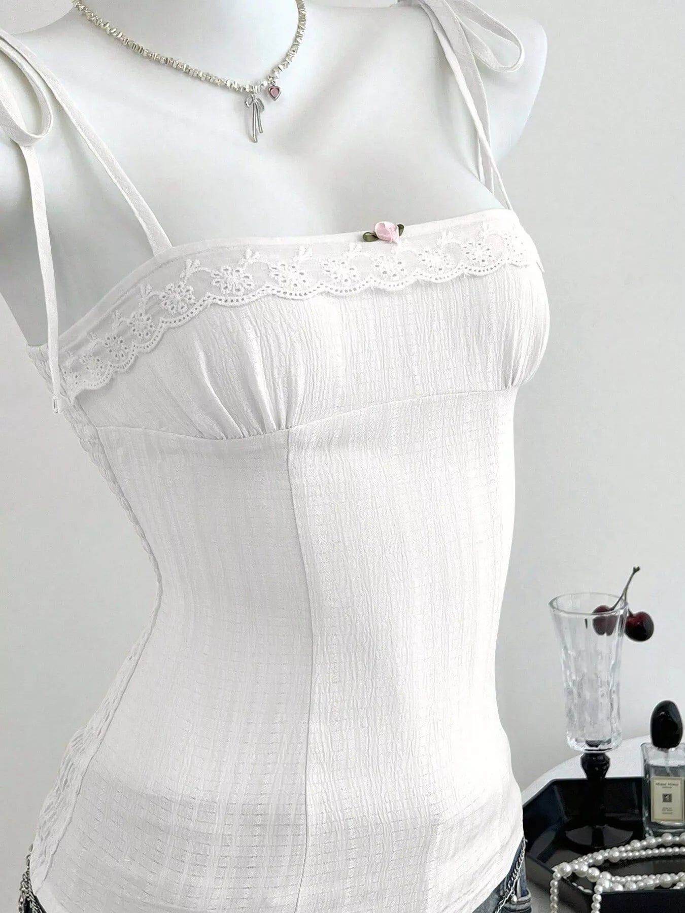 Lace-Trimmed Tie Shoulder Cami