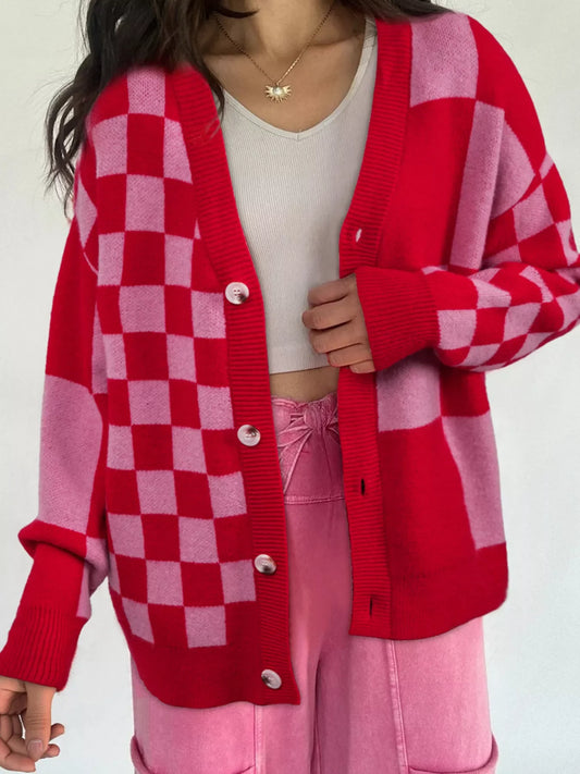Checkerboard Knit Button-Down Cardigan