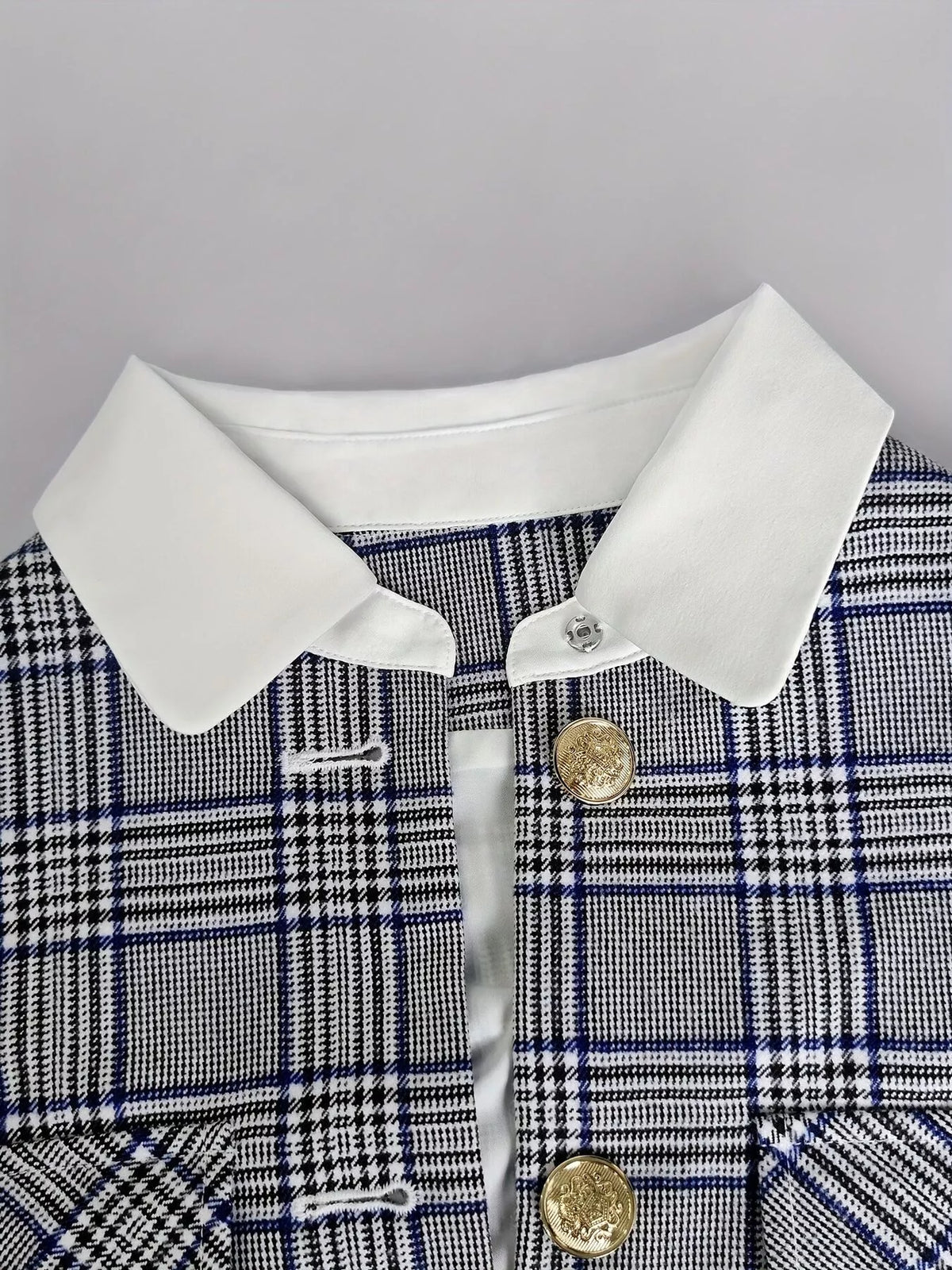 Plaid Cropped Outerwear with Contrast Collar and Gold Buttons