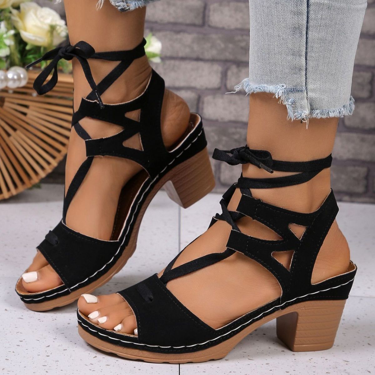 Lace-Up Block Heel Sandals