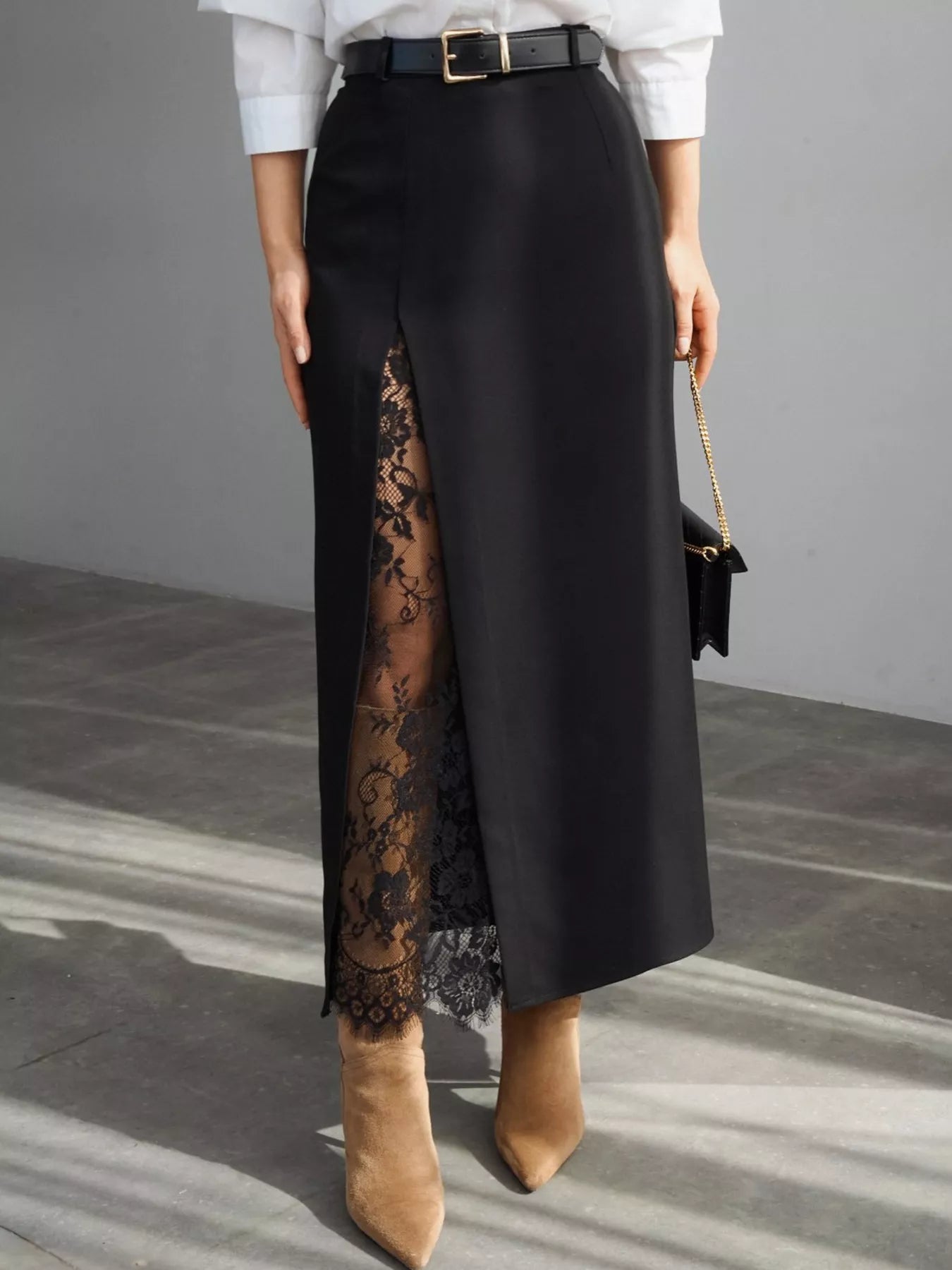 Elegant Lace-Trimmed Slit A-Line Skirt