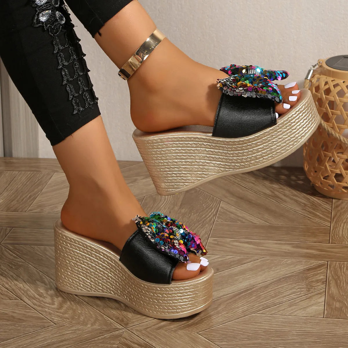 Sequin Open Toe Platform Sandals