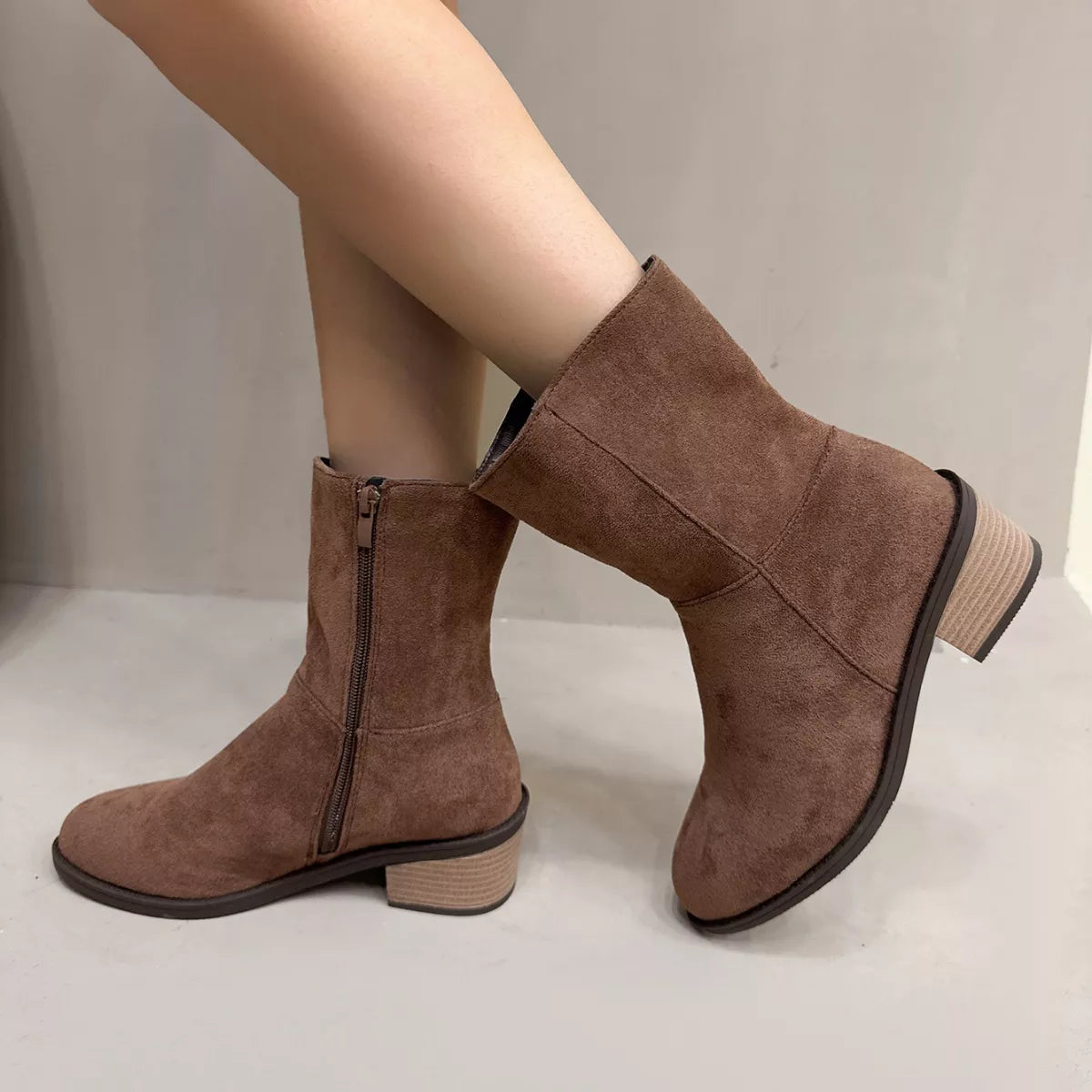 Round Toe Block Heels Ankle Boots