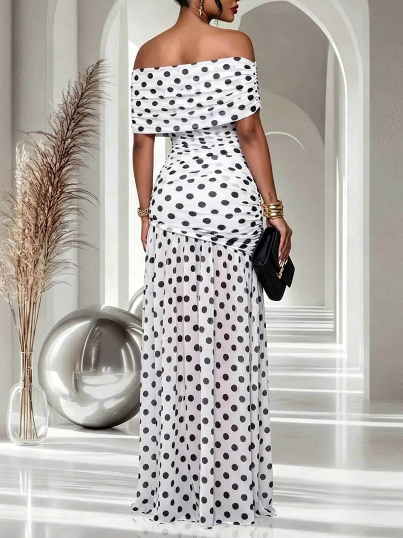 Polka Dot Off Shoulder Slit Maxi Dress