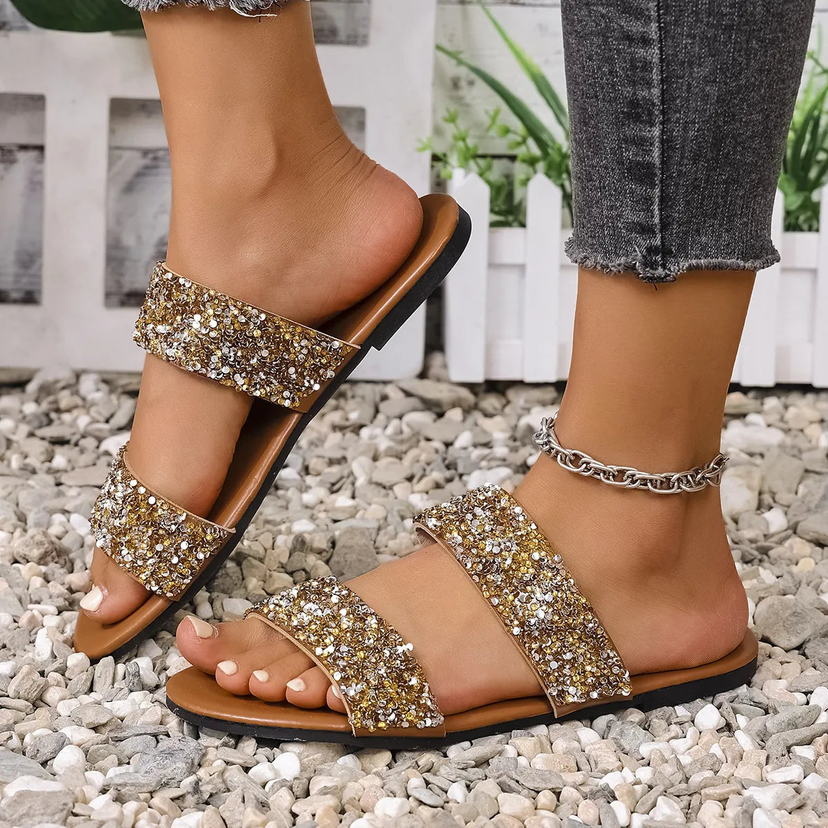Sequin Open Toe Flats Sandals