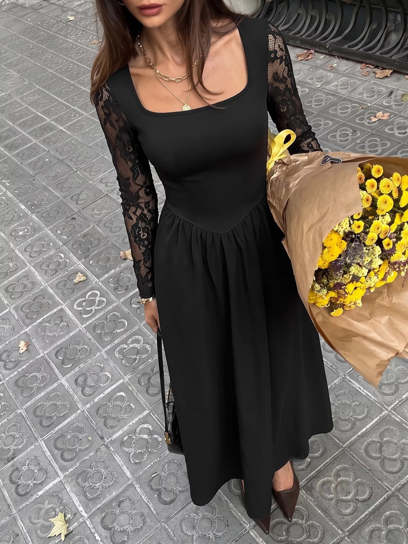 Square Neck Sheer Sleeve Maxi Dress