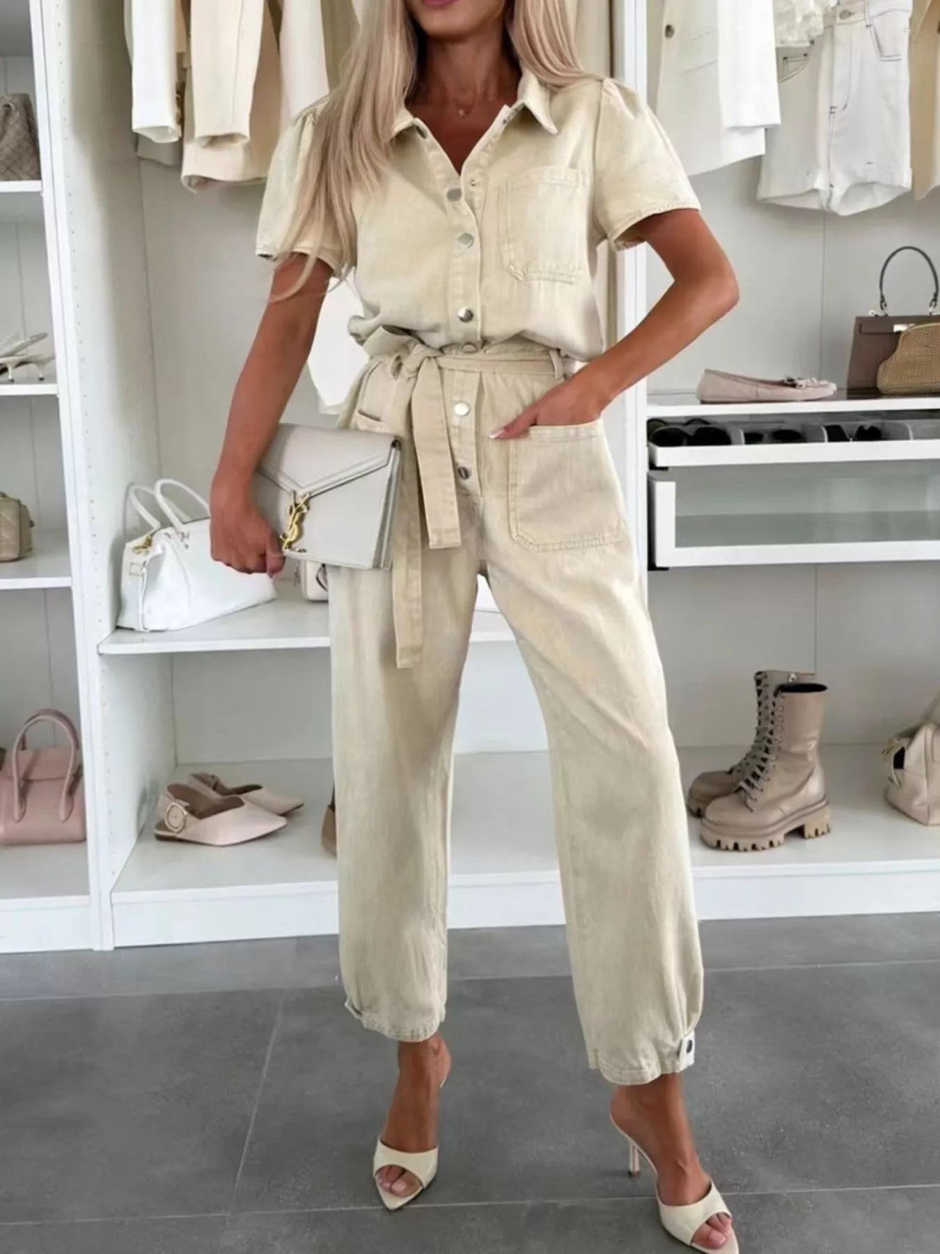 Vintage Wash Short Sleeve Denim Jumpsuit