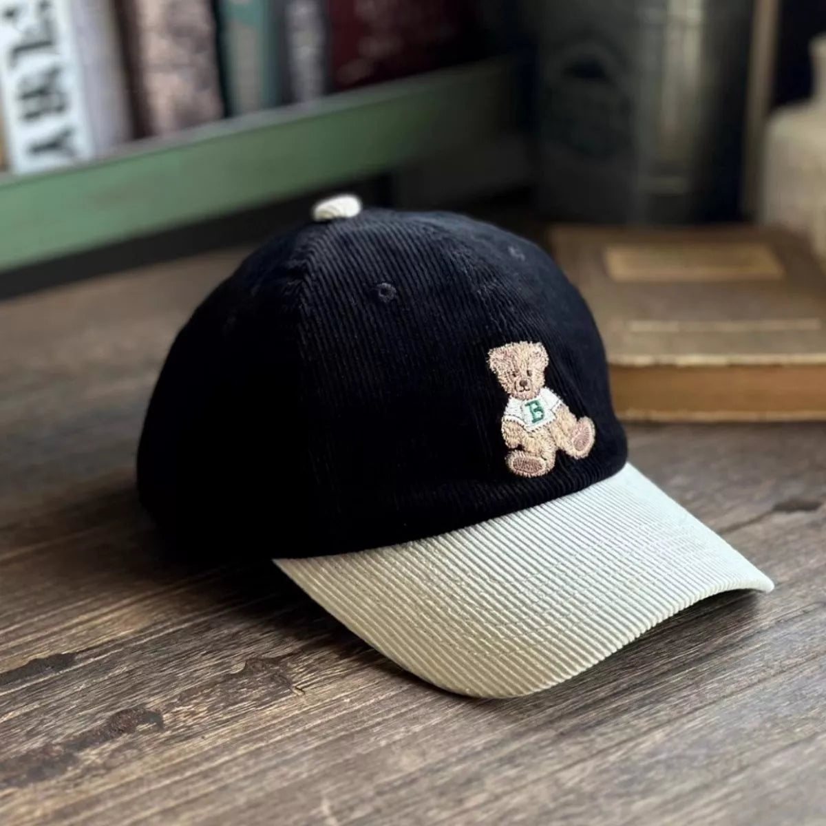 Corduroy Baseball Cap with Embroidered Bear