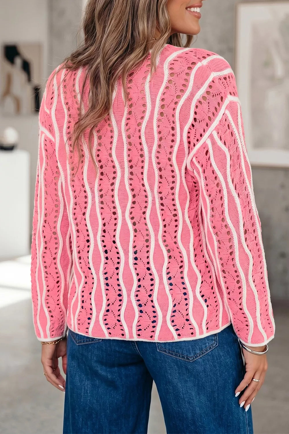 Wavy Detail Hollow Out Knit Long Sleeve Sweater
