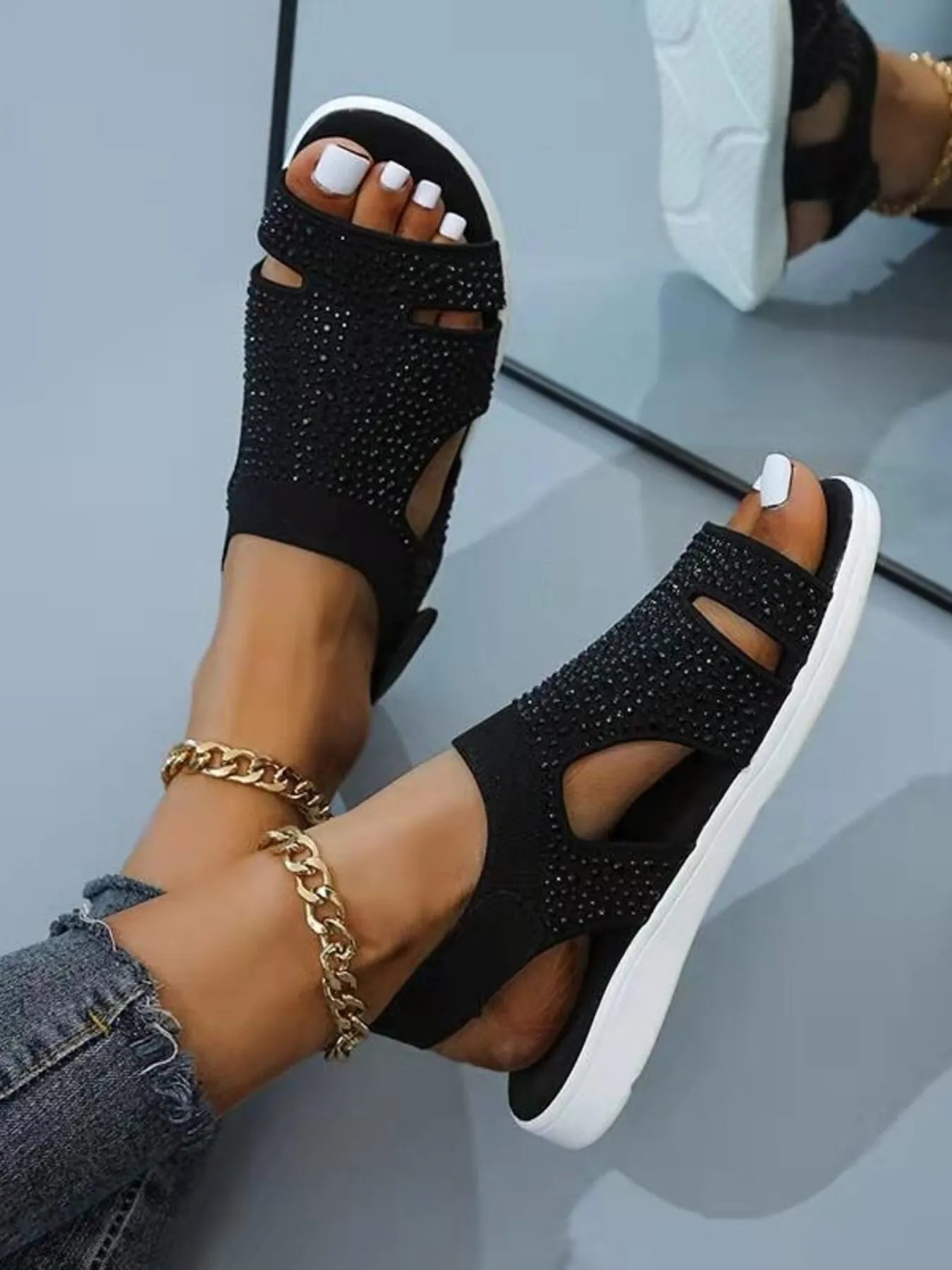 Rhinestone Embellished Cutout Sandals