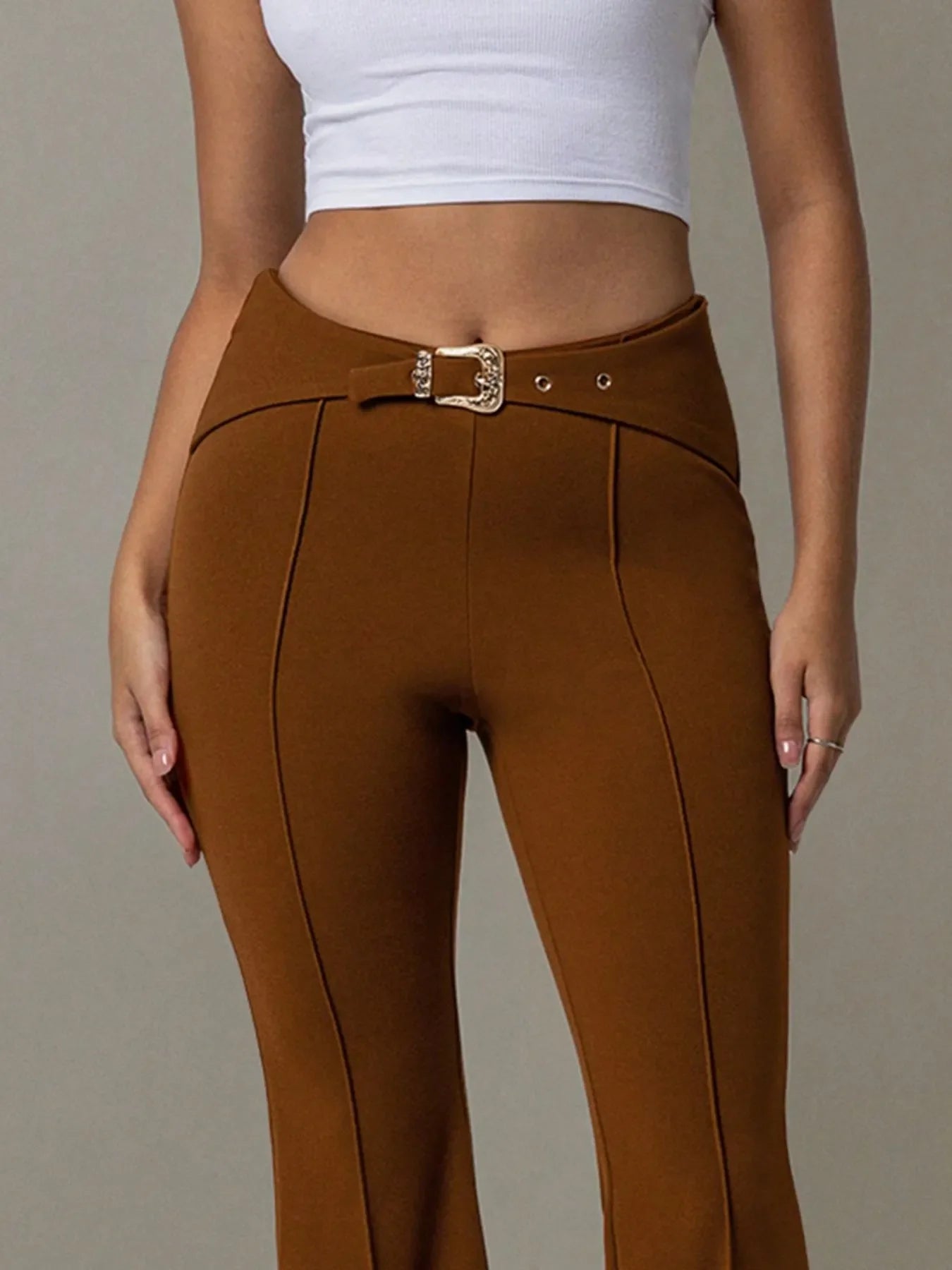 High Waist Flare Pants with Buckle Belt