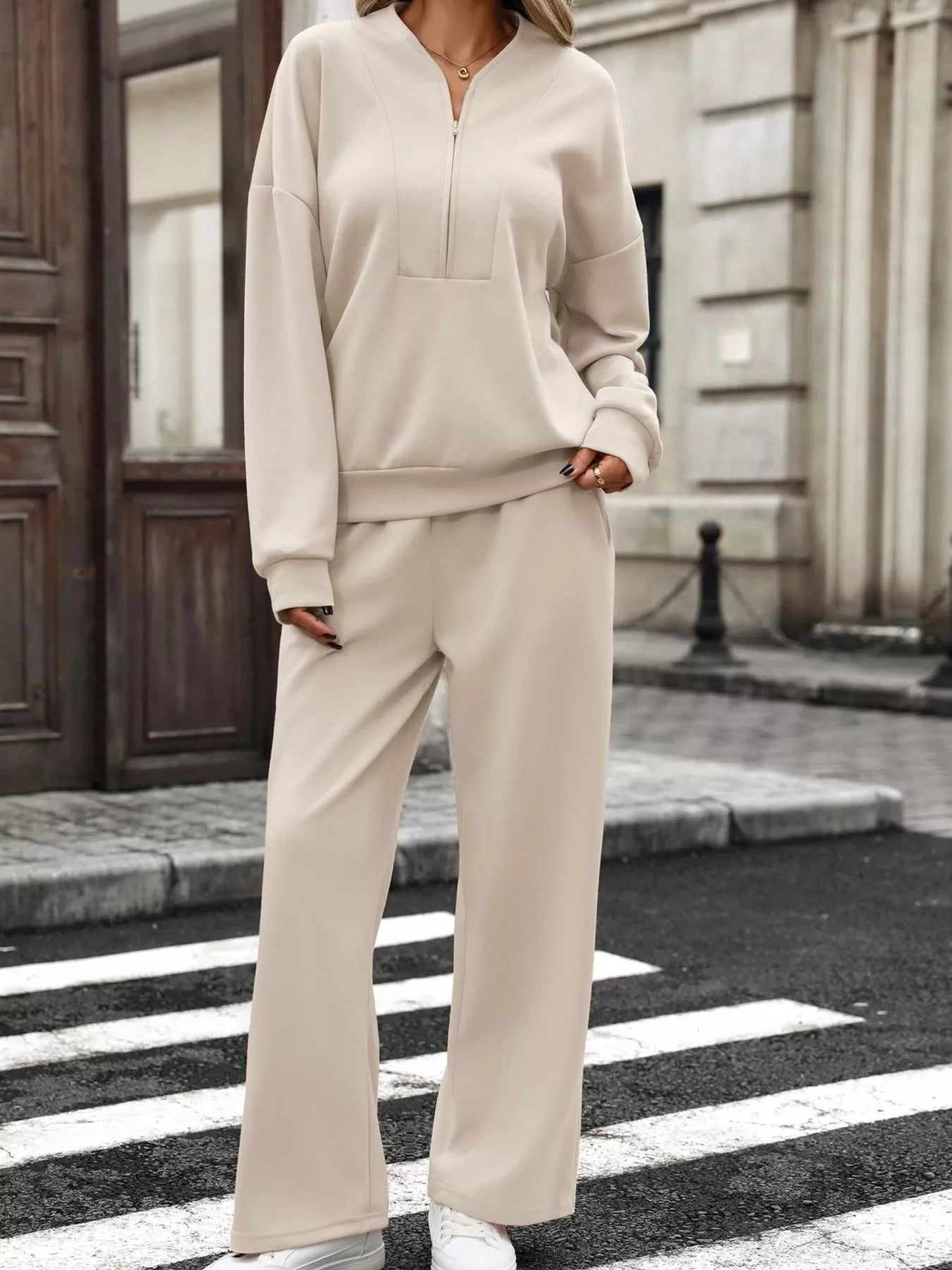 Half Zip Sweatshirt and Wide-Leg Pants Set