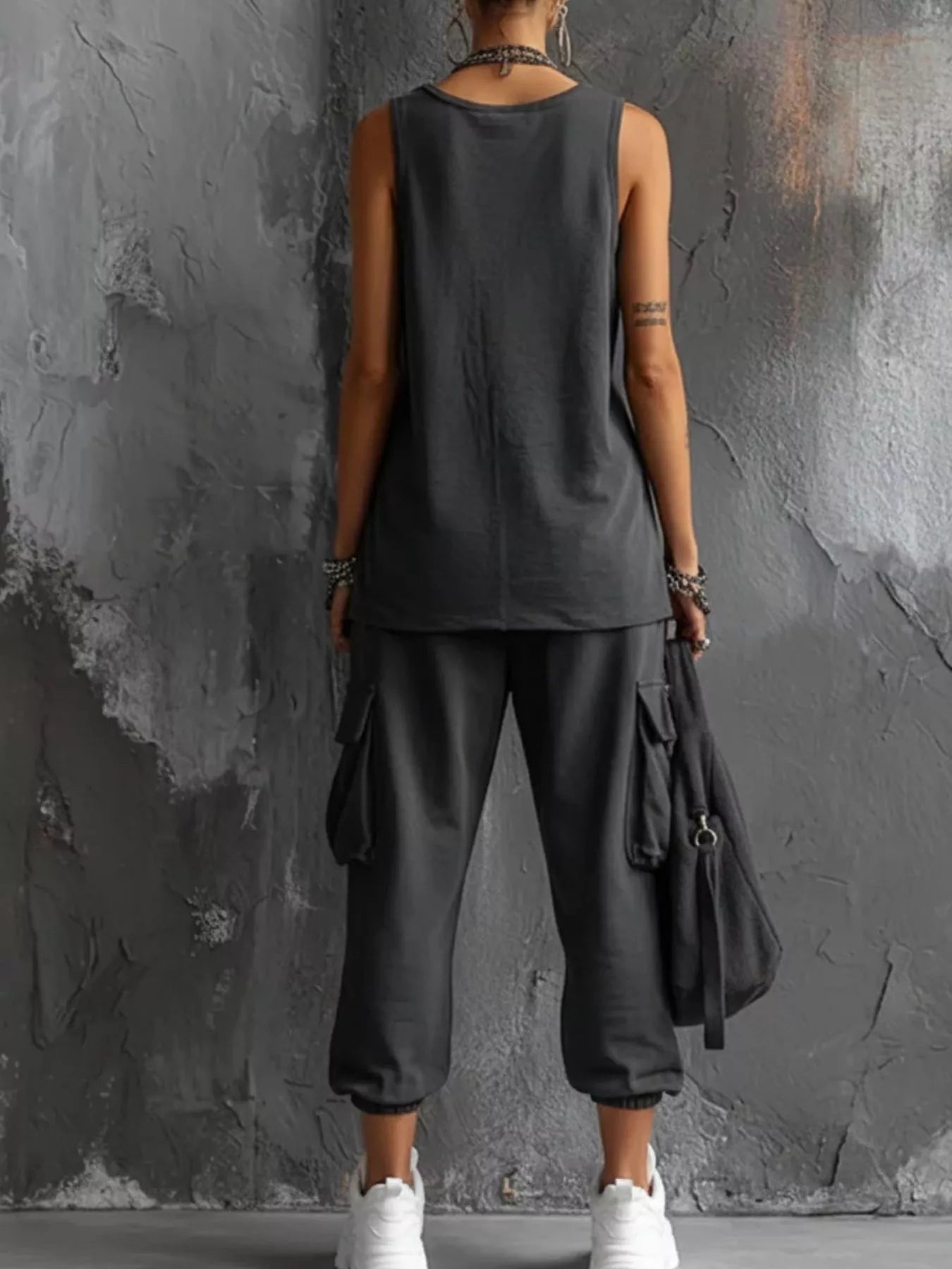 Full Size Casual Tank and Cargo Pants Set Plus Size