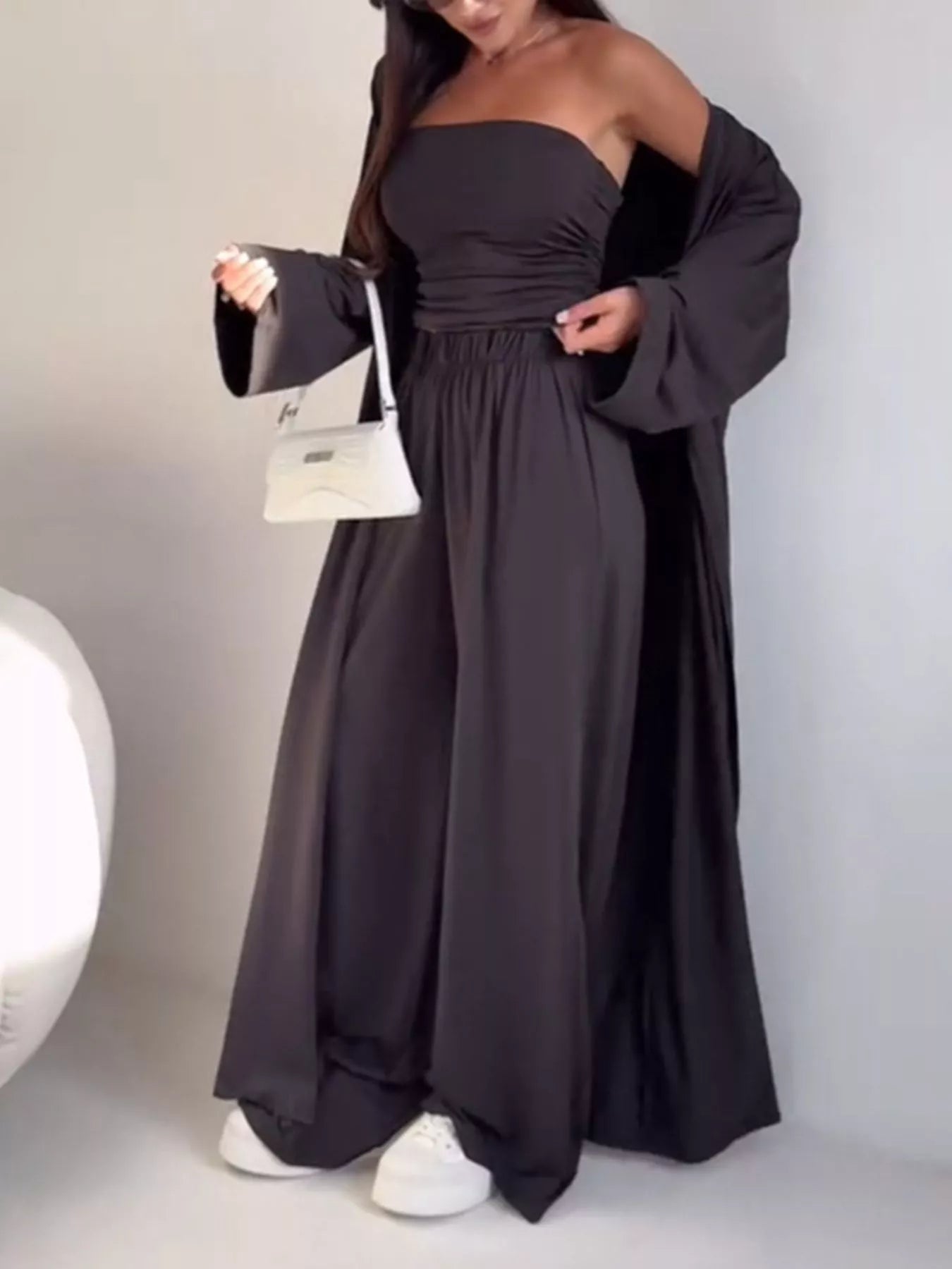 Chic Strapless Ruched Crop Top and Wide-Leg Pants with Cardigan 3-Piece Set