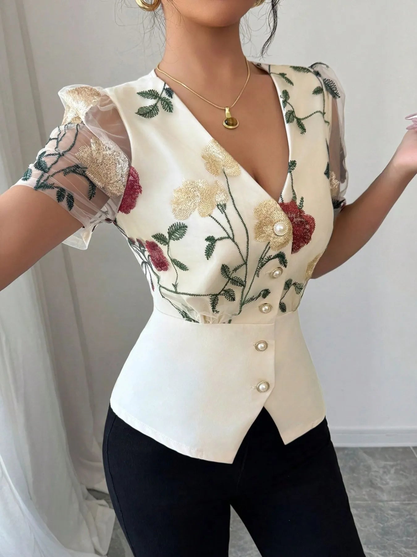 Floral Print V-Neck Button-Up Shirt