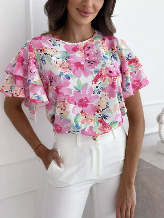 Floral Print Ruffle Sleeve Blouse