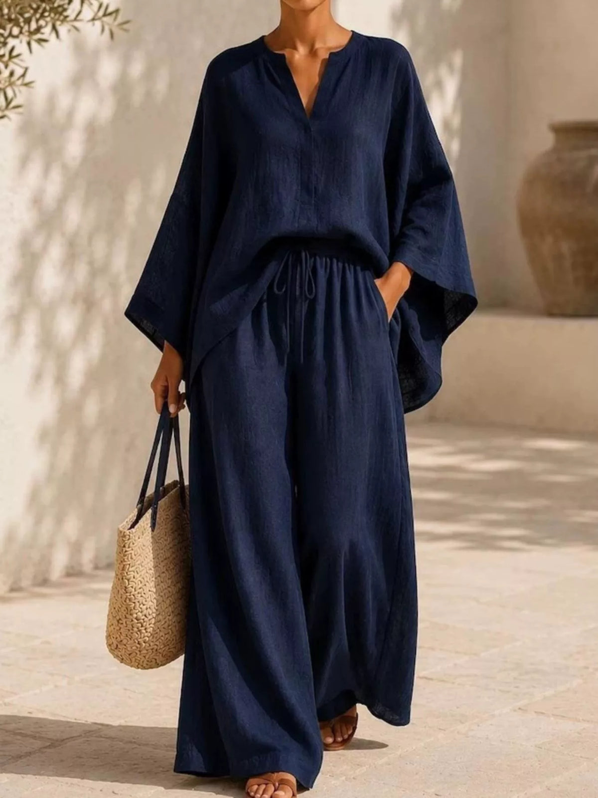 Full Size Loose Fit Top and Wide-Leg Pants Set Plus Size