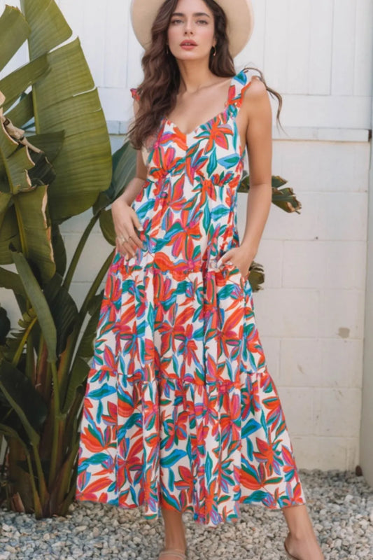 Floral Ruffled Strap V Neck Maxi Dress