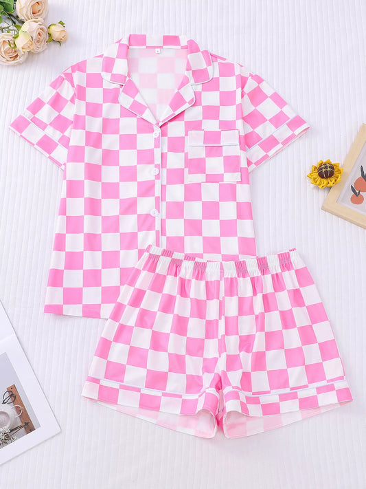 Checkered Print Button Up Top and Shorts Lounge Set