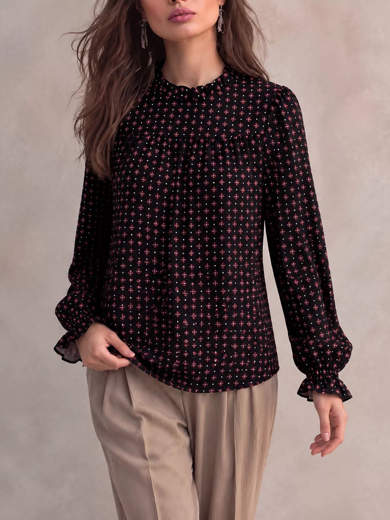 Printed Flounce Sleeve Blouse