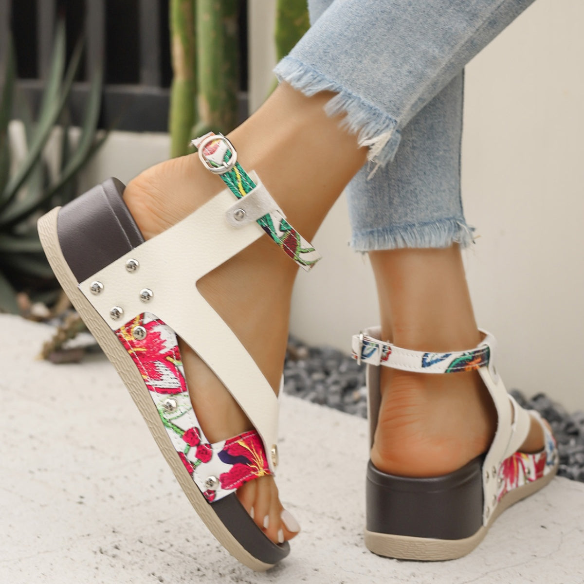 Leopard Ankle Strap Wedge Sandals