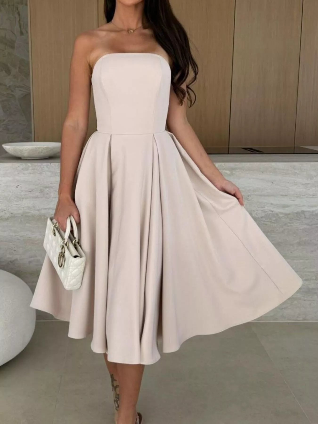 Strapless Ruched A-Line Midi Dress