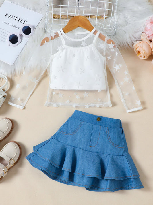 Children's Cami & Star Print Mesh Top & Ruffle Denim Skirt Set