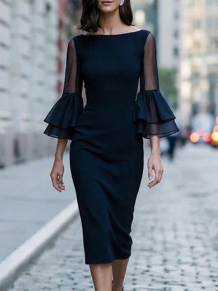 Mesh Sleeve Double Ruffle Cuff Midi Sheath Dress