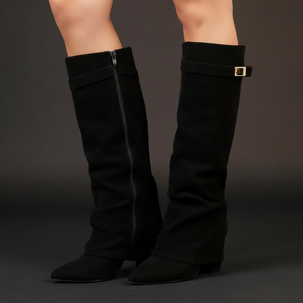 Women's Slouchy Pleated Mid-Calf Boots – Pointed Toe Chunky Heel Faux Suede