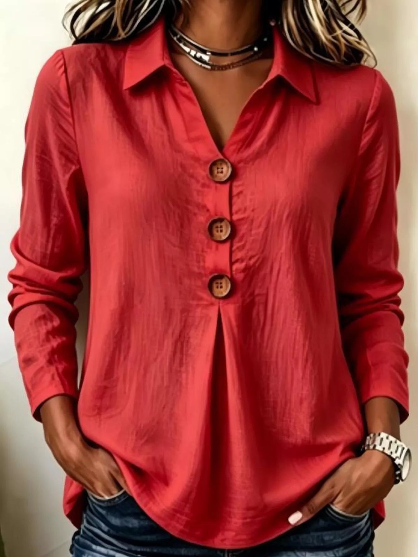 Full Size Button Detail Long Sleeve Blouse Plus Size