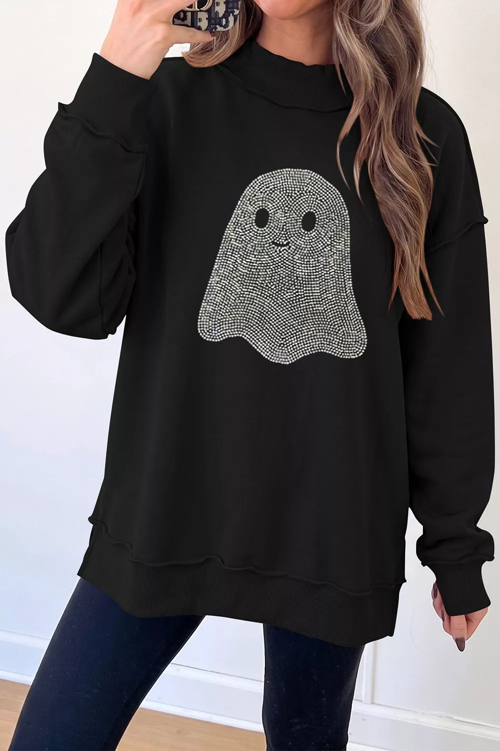 Rhinestone Ghost Exposed Seam Mock Neck Halloween Sweatshirt