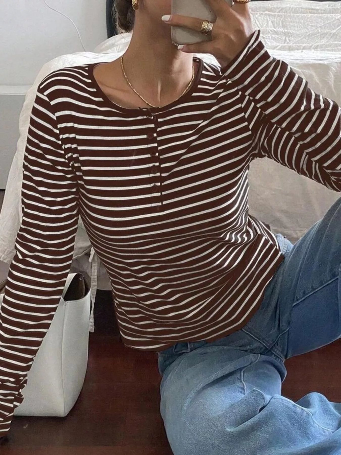 Long Sleeve Striped Henley T-Shirt