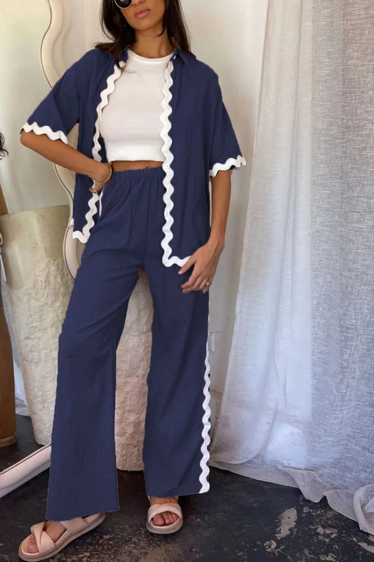 Contrast Trim Half Sleeve Top and Pants Set