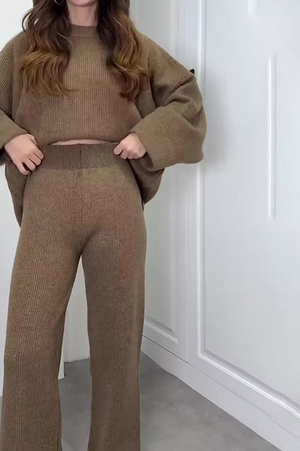 Dropped Shoulder Knit Sweater and Wide Leg Pants Set