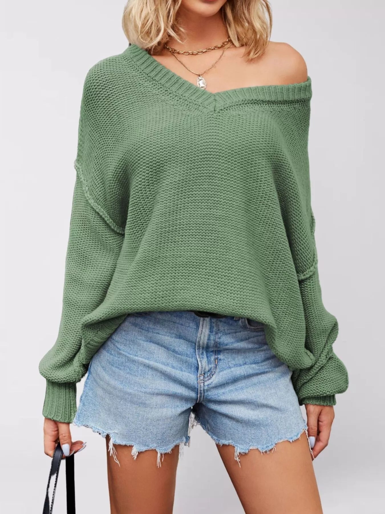 V-Neck Loose Knit Drop Shoulder Sweater