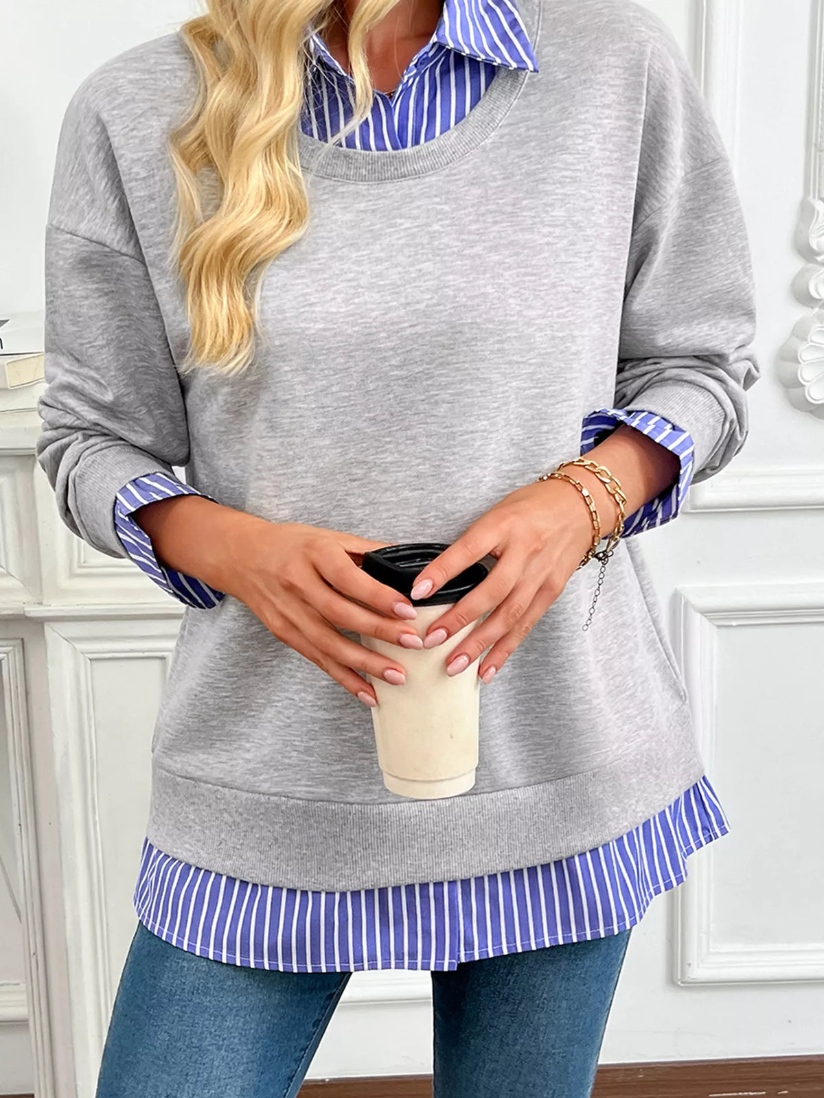 Striped Collar 2-in-1 Patchwork Casual Loose Sweatshirt