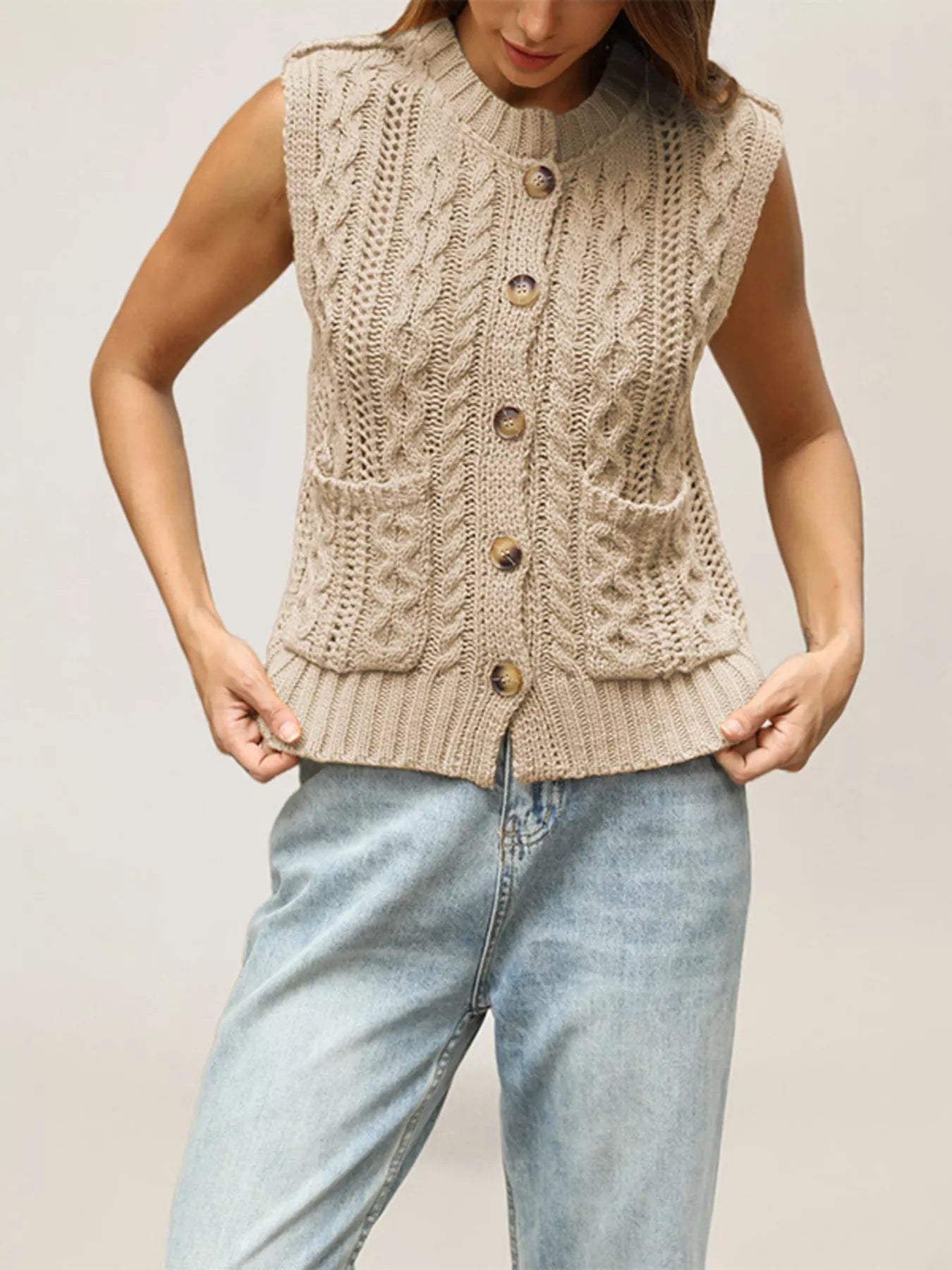 Cable-Knit Button-Down Sweater Vest