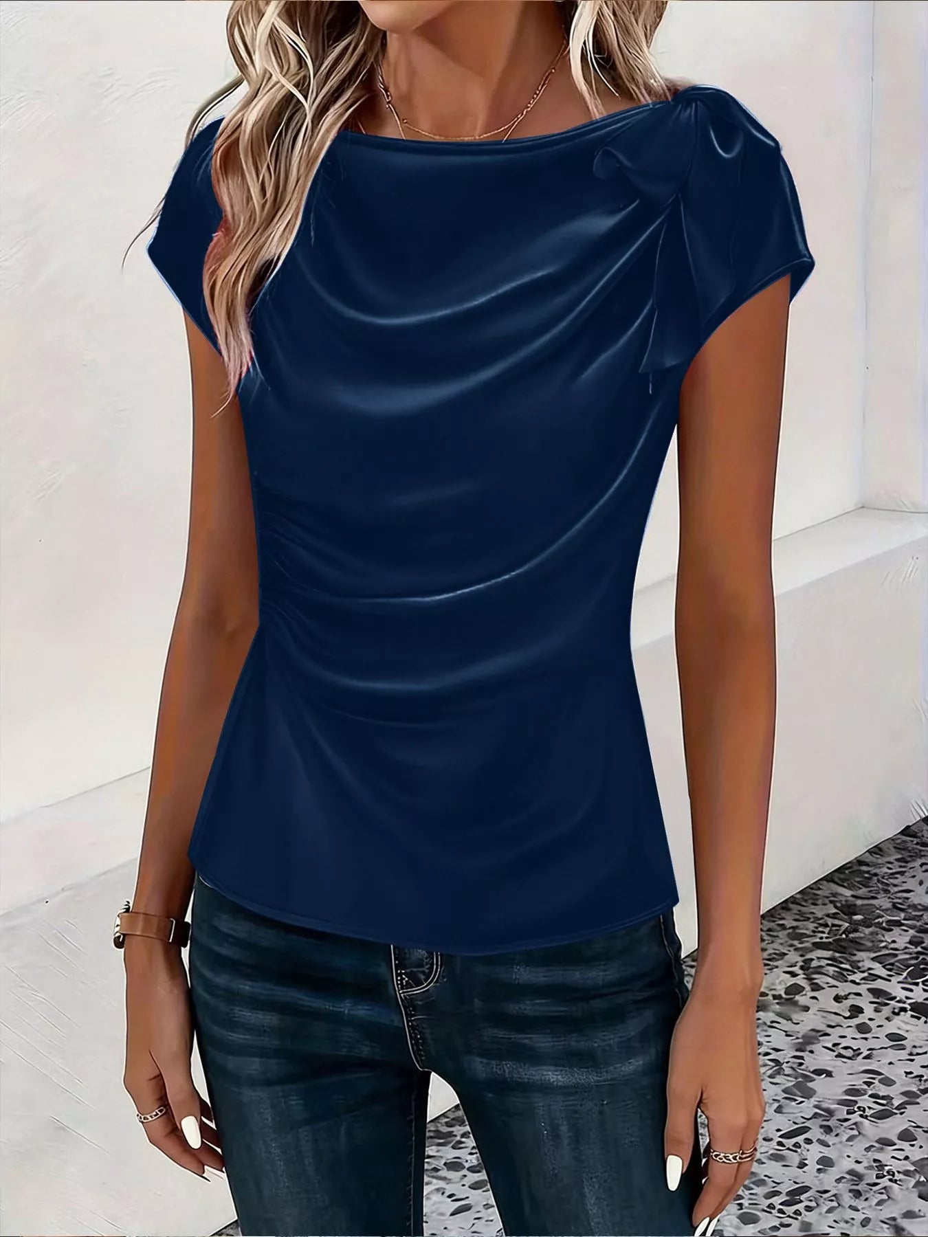 Ruched Short Sleeve Satin Top