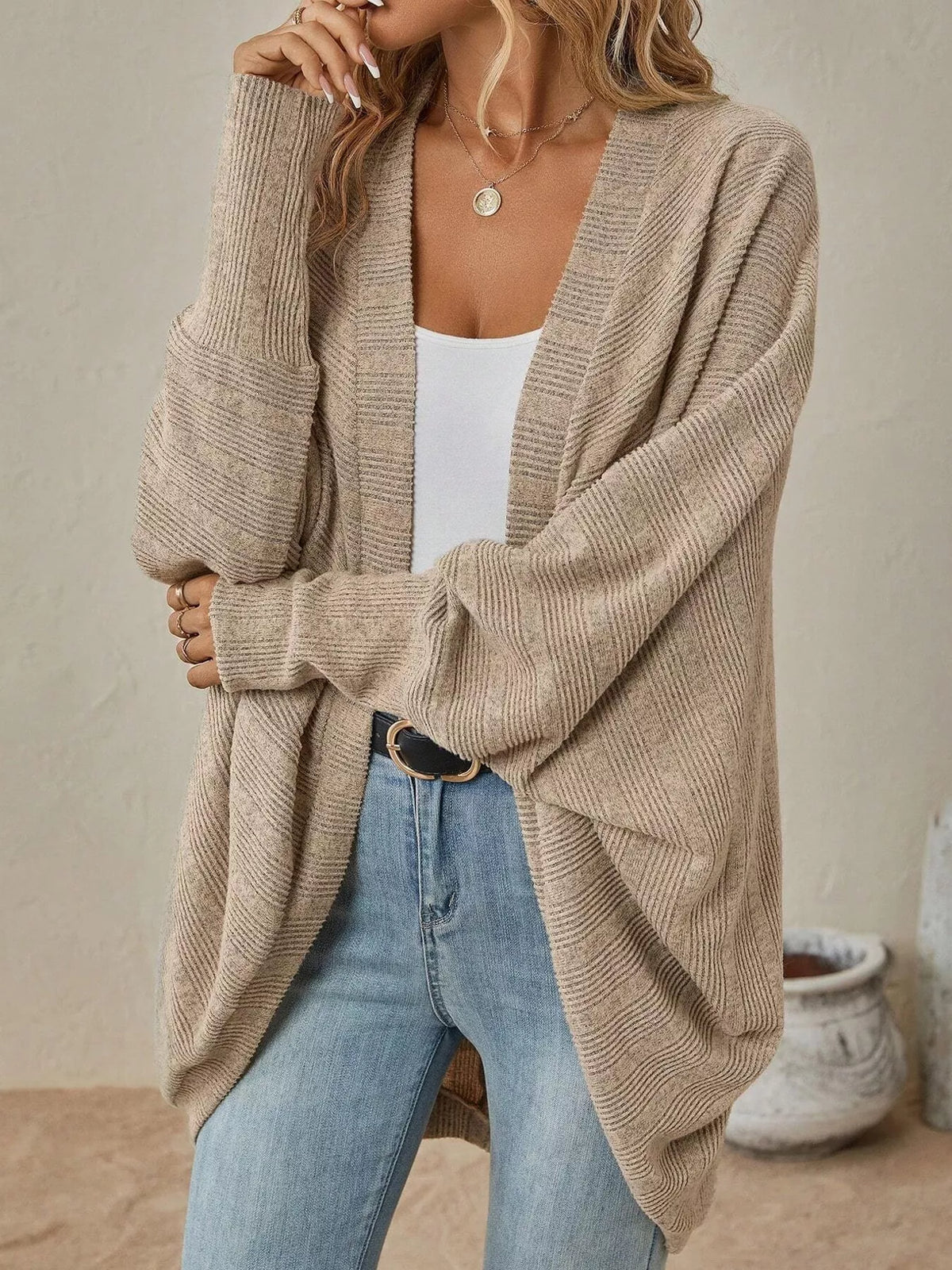Casual Open Front Batwing Sleeve Ribbed Knit Cardigan